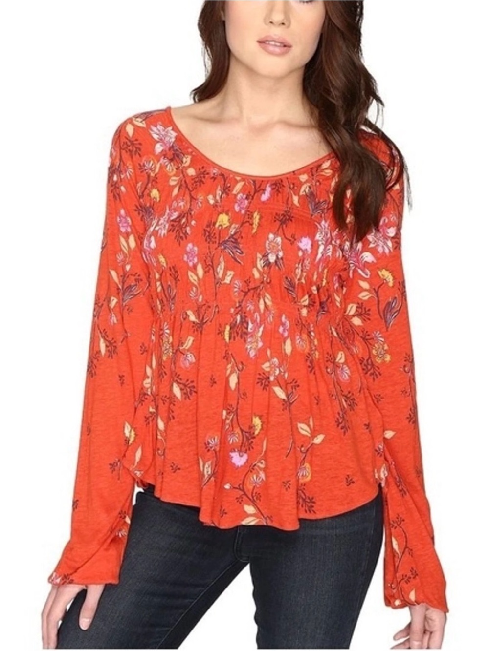 Free People Dahlia Orange Peasant Top Floral Boho